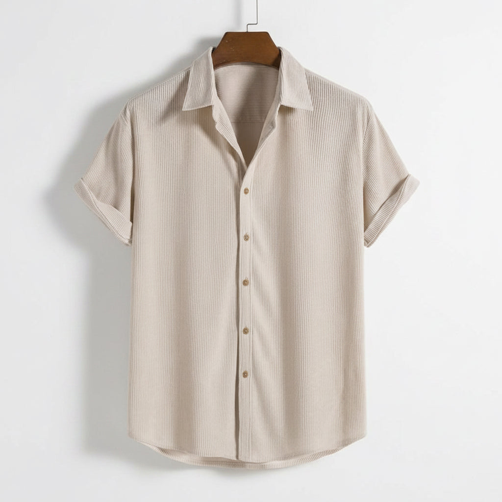 Beige striped shirt on a hanger against a white background