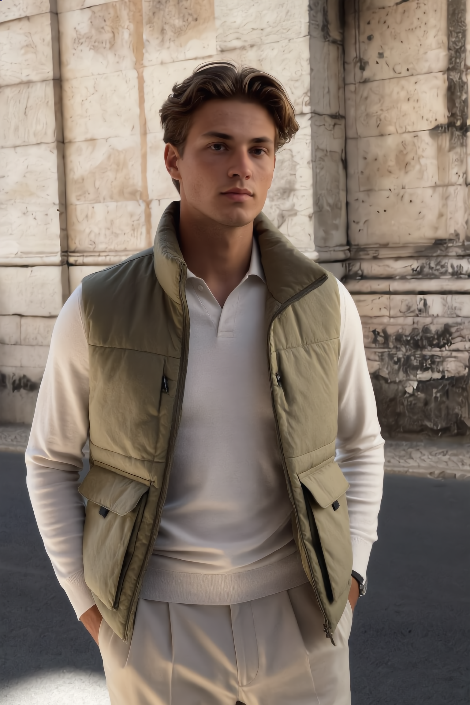Man wearing a light-colored vest over a white shirt and beige pants, standing against a stone wall.