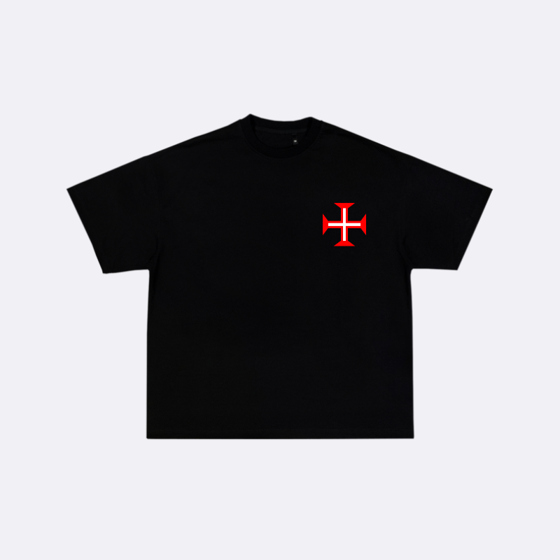 Black t-shirt with a red cross symbol on a light gray background