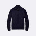 Navy blue cable knit sweater on a light gray background