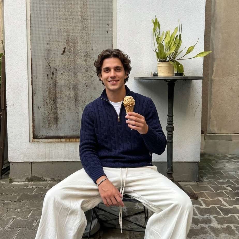 Man sitting outdoors holding an ice cream cone, wearing a navy cable knit quarter zip white pants.