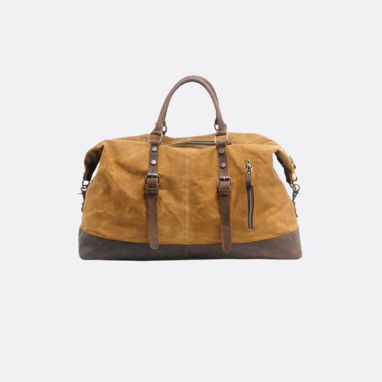 Yellow duffel bag with brown accents on a white background