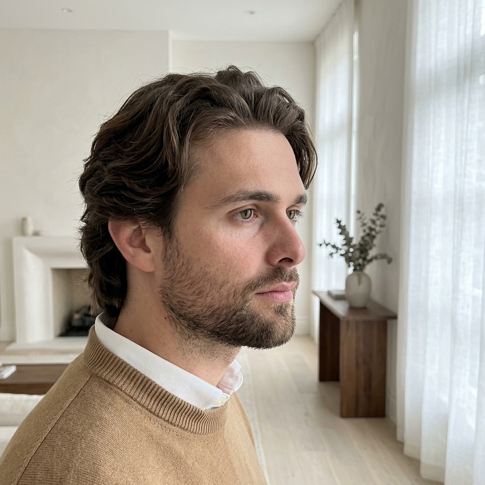Man with a beard wearing a brown sweater in a bright room with white walls and a wooden desk.