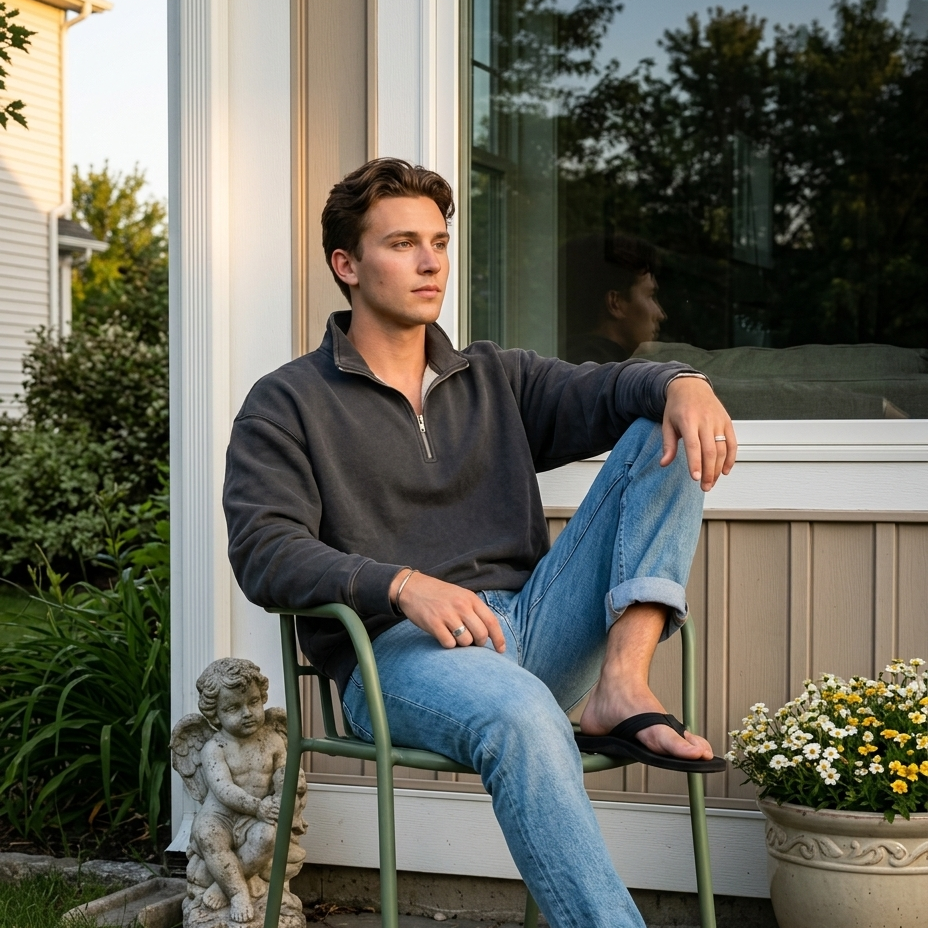 Man sitting on a chair outside a house with plants and a statue in the background