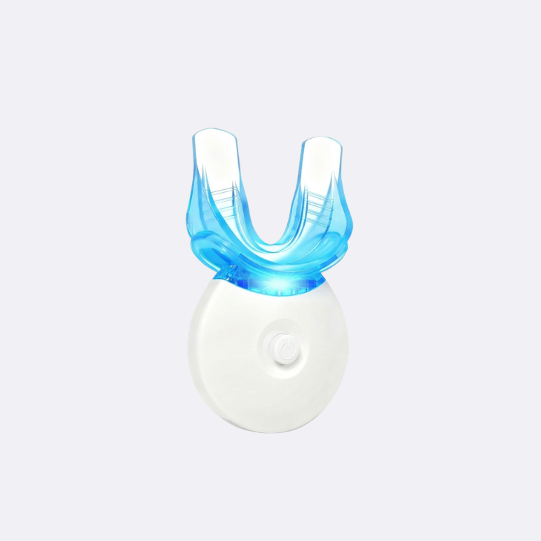 Blue and white dental device on a light gray background
