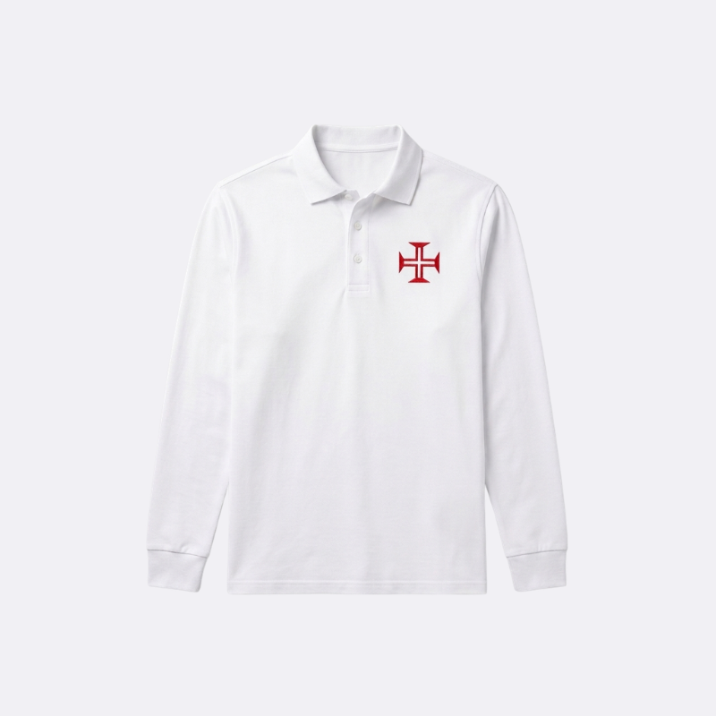 White polo shirt with a red logo on a white background