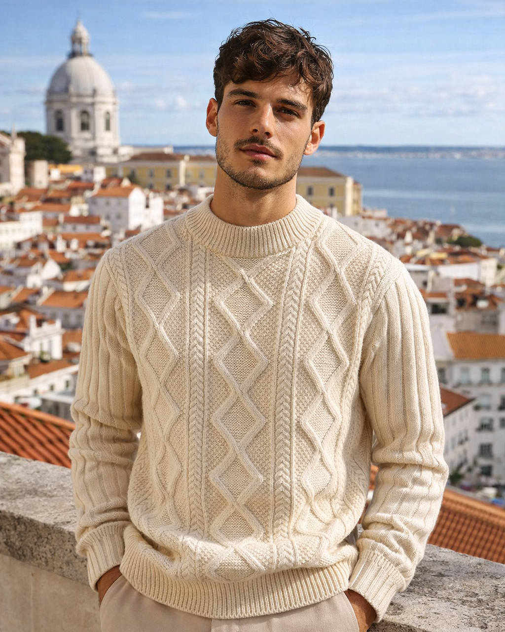 Man wearing a beige cable knit sweater with a cityscape in the background