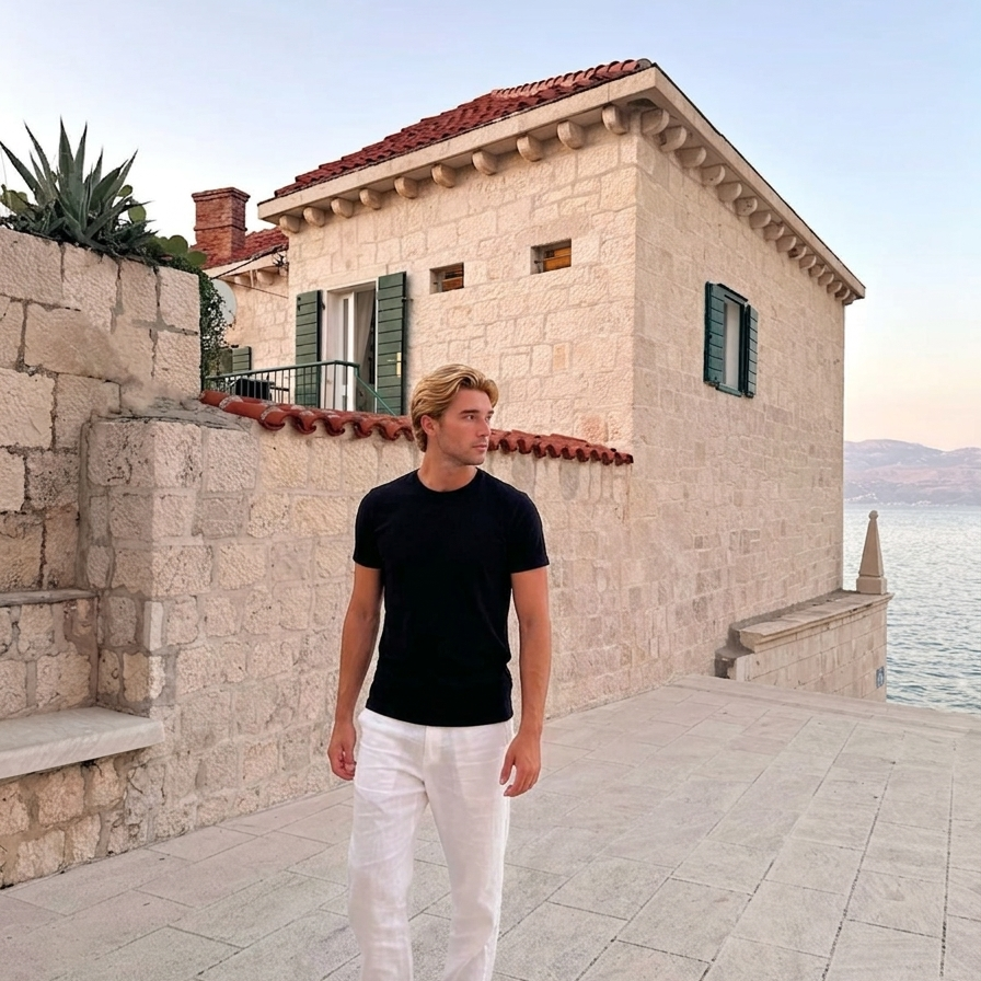 Man standing in front of a stone building with ocean view
