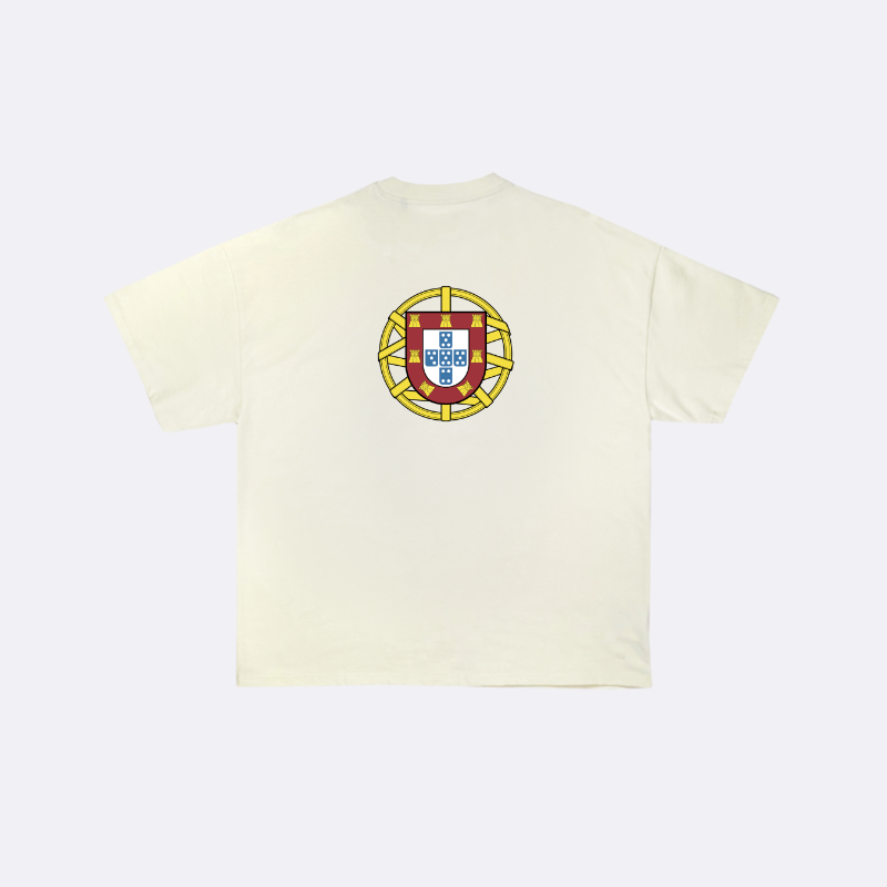 Beige t-shirt with a colorful emblem on the chest against a white background