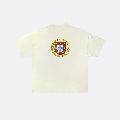 Beige t-shirt with a colorful emblem on the chest against a white background