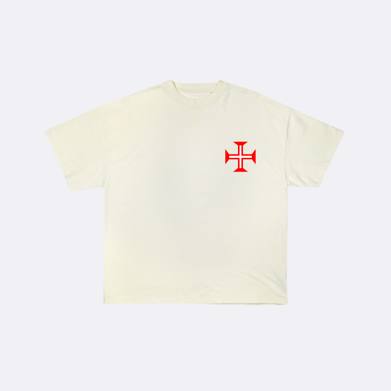 White t-shirt with a red logo on a white background