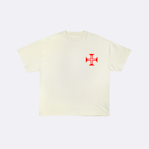 White t-shirt with a red logo on a white background
